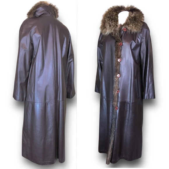 Revillon Saks 5th Avenue Brown Leather Lined By Racoon Fur Full Length Coat M-L - Picture 2 of 13